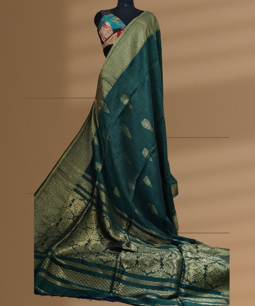 Linen saree with green base with embroidery feature