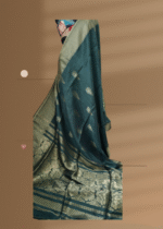 Linen saree with green base with embroidery feature - Image 4