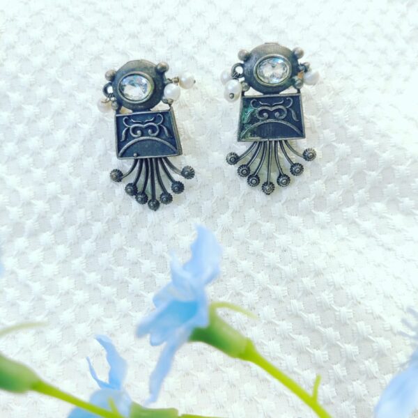 Oxidized Stone & Pearl Fringe Earrings
