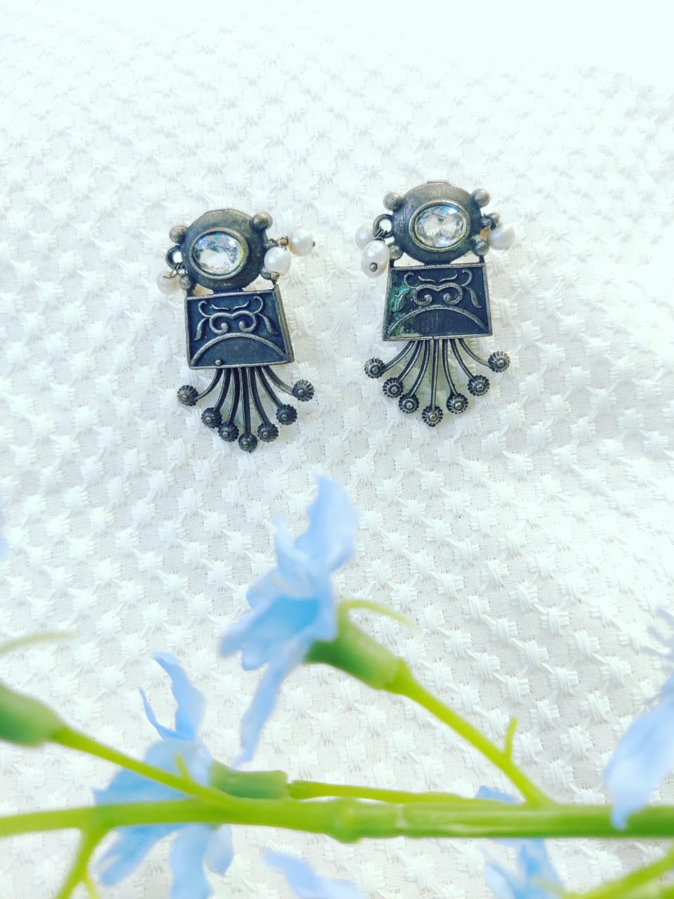 WhatsApp Image 2025-09-07 at 20.26.58 Oxidized Stone & Pearl Fringe Earrings - Image 1